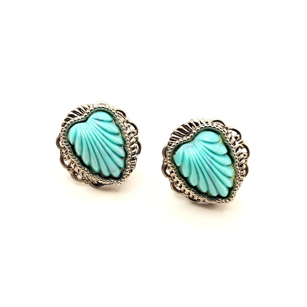 Vintage Seashell Earrings Silvertone Screwback Blue Plastic Mid Century Jewelry